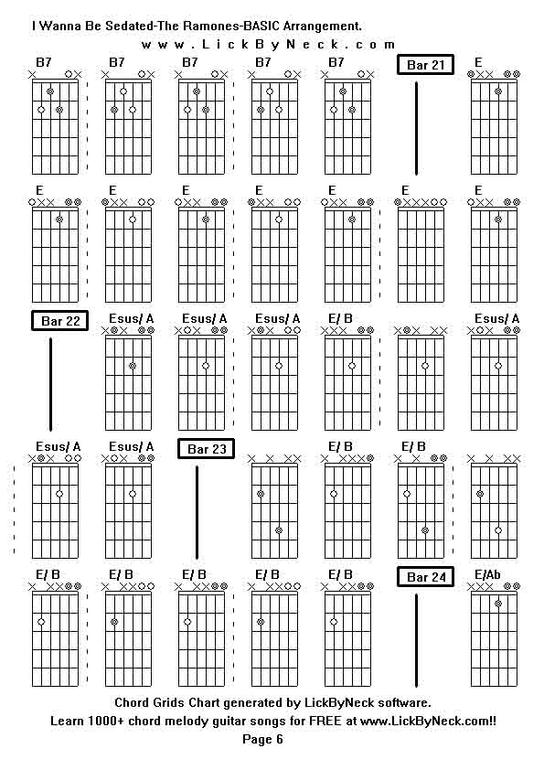 Chord Grids Chart of chord melody fingerstyle guitar song-I Wanna Be Sedated-The Ramones-BASIC Arrangement,generated by LickByNeck software.